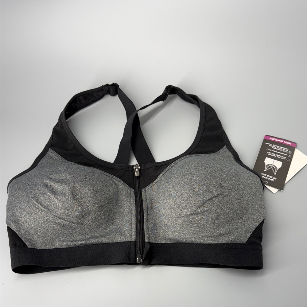 Avia‎ Zip Front Sport Bra Gray/Black Size Large (D-DD)